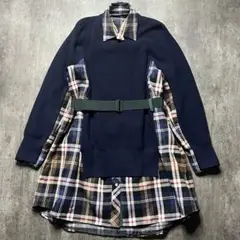 【人気】sacai 変形 ドッキング ニット ワンピース チェック シャツ 1