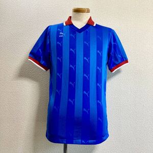 希少 ヒットユニオン製 80s 90s プーマ PUMA サッカーシャツ トリコロール L 衿付きユニフォーム シャドーストライプ ゲームシャツ 青