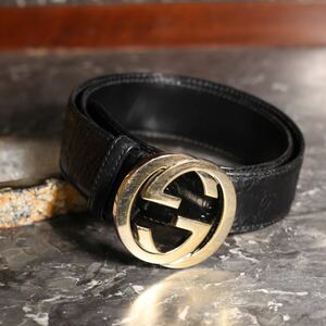 GUCCI GG PATTERNED EMBOSSED LOGO BUCKLE LEATHER BELT/グッチGG柄型押しロゴバックルレザーベルト