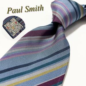 【美品】Paul Smith ポールスミス ネクタイ マルチストライプ柄 マルチカラー 裏地花柄 メンズ スーツ ボタニカル ハイブランド 高級 ロゴ