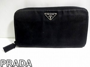 X5A025◆本物◆ プラダ PRADA イタリー製 リナイロン&本革レザー ブラック トライアングルロゴ 小銭入れあり ジップラウンド 長財布 財布 