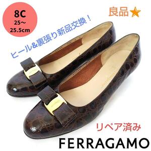 モデルサイズ☆良品フェラガモ【Ferragamo】ヴァラ クロコ型押しパンプス