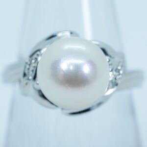 ★1円〜★9.0mm/0.02ct PT900 6.9g ♯12 鑑定付 大粒アコヤ真珠 パール ダイヤモンド Pearl Diamond Platinum プラチナ 白金 Ring Jewelry