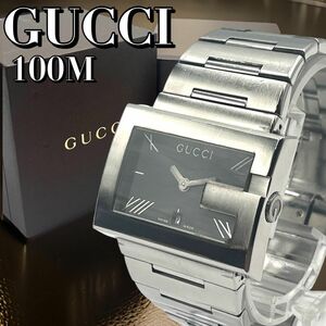 稼働 箱付 GUCCI 100M メンズ 腕時計 スクエア 黒文字盤 QZ グッチ メンズ レディース ユニセックス ビッグ G フェイス