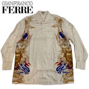 GIANFRANCO FERRE VINTAGE ジャンフランコフェレ ヴィンテージ MADE IN ITALY トロフィー 紋章柄 シルクシャツ ベージュ系 アーカイブ