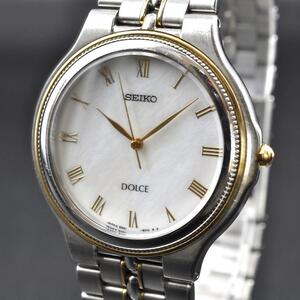 美品 SEIKO セイコーDOLCE ドルチェ 8N51-6010 クォーツ アナログ ラウンド シェル ゴールド 金 メンズ 男性 腕時計 電池交換済み w-11086