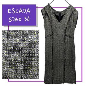 【美品】 エスカーダ ESCADA ツイード ドレス ワンピース ノースリーブ 切替 切りっぱなし サイズ36 バックジップ レディース