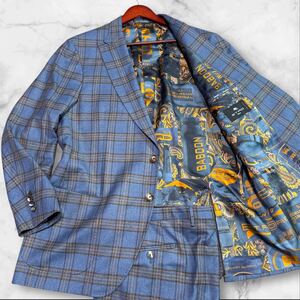 着用数回!! 希少 3XL!! 現行 ETRO エトロ スーツ セットアップ テーラードジャケット パンツ ストレッチ ペイズリー 総柄 チェック ブルー