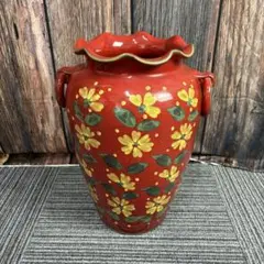 陶器製 壺 傘立て イタリア製 レッド 花模様 花柄 花瓶 フラワーベース