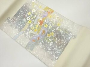 ys6944421; 作家物　金彩螺鈿変わり横段に枝垂れ桜・草花・蝶模様名古屋帯【着】