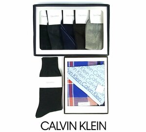 ◆未使用・タグ付◆CALVIN KLEIN/カルバンクライン◆紳士靴下×6足＋ハンカチ×2枚◆計8点セット◆靴下/25～26cm◆紺/グレー/水色/黒/茶◆