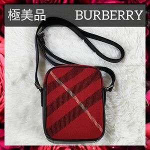 【極美品】BURBERRY バーバリー ショルダーバッグ チェック柄 クロスボディ 斜め掛け レディース キャンバス×レザー レッド系×ブラック系