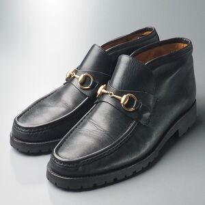 MH0274//イタリア製*グッチ/GUCCI*メンズ41.5E/ホースビット/モカシンショートブーツ/アンクルブーツ/革靴/黒/ブラック