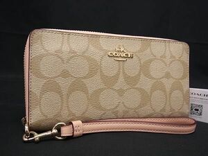 1円 ■新品同様■ COACH コーチ C4452 シグネチャー PVC ラウンドファスナー 長財布 ウォレット ベージュ系×サーモンピンク系 BL3488