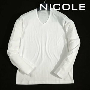 新品1円～★ニコル セレクション NICOLE selection メンズ ストレッチ 長袖 綿 Vネック ストライプカットソー 50 LL 白 ◆5505◆