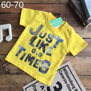★【60-70】デニム風ロゴ 半袖 Tシャツ 黄色