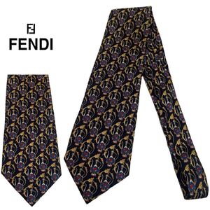 FENDI VINTAGE フェンディ ヴィンテージ MADE IN ITALY イタリア製 エンブレム柄 総柄 シルクネクタイ ネクタイ ブラック アーカイブ