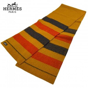 ★高級生地/箱付き★ HERMES エルメス ロカバール ウール100％ マフラー ストール マスタードイエロー×オレンジ×ネイビー フランス製