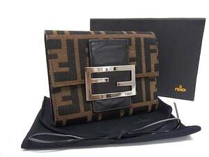 1円 ■美品■ FENDI フェンディ ズッカ柄 ナイロンキャンバス×レザー 三つ折り 財布 ウォレット 小銭入れ 札入れ ブラウン系 FG2353