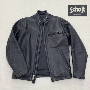 希少 廃盤 ショット Schott レザー ジャケット ライダース シングル 牛革 立襟 アメリカ製 USA 黒 ブラック BLACK 上着 AT641P 36 Sサイズ 