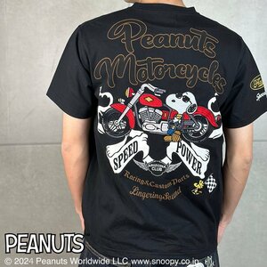 442062-20 FLAG STAFF SNOOPY PEANUTS スヌーピー 半袖Tシャツ クルーネック モーターサイクル アメカジ メンズ(ブラック黒) L