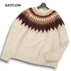 23AW★ BAYFLOW ベイフロー 秋冬 ウール混★ フェアアイル柄 クルーネック ニット セーター Sz.3　メンズ ベージュ　A4T10430_A#K