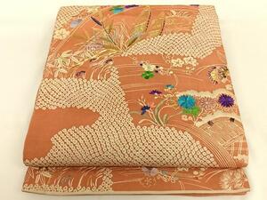 平和屋着物◎アンティーク　大正ロマン　丸帯　駒刺繍　流水草花文　船　金糸　正絹　逸品　AAAN7602wt