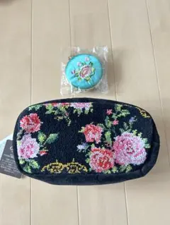 シェニール織りポーチ＆コンパクトミラー(花柄刺繍)セット