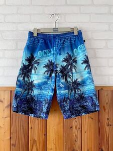 メンズ 水着 ハーフパンツ Lサイズ 青 ブルー ヤシの木 南国 オーシャン 海パン サーフパンツ ボードパンツ swimwear swimming trunks G