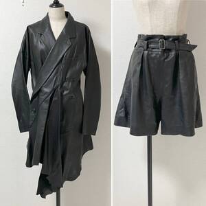 90s ISSEY MIYAKE 変形 ドレープ レザー セットアップ Lサイズ イッセイミヤケ コート ジャケット ショートパンツ VINTAGE archive 4100060