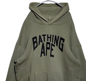 【A BATHING APE】アベイシングエイプ　プルオーバーパーカー　カーキ　旧タグ　サイズL　肉厚　日本製　MADE IN Japan プルオーバー 古着