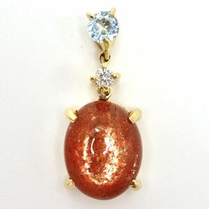 ソーティング付き!!◆K18 天然サンストーン/天然ダイヤモンド/天然アクアマリンペンダントトップ◆A 約2.1g pendant jewelry EA8/EA