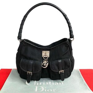 極 美品 Christian Dior ディオール トロッター 柄 ロゴ 金具 ナイロン レザー 本革 ハンドバッグ セミ ショルダーバッグ ブラック 35672