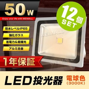 12個セット 【1年保証】 LED 投光器 50W 500W相当 電球色 作業灯 集魚灯 看板灯 看板 照明 防犯 省エネ 防水 プラグ付 3m 家庭用電源 即納