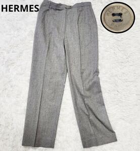 1円【美品・ロゴ釦】エルメス スラックス パンツ 42 XL レディース グレー HERMES クールドセルボタン レディース パンツ ズボン 正規品