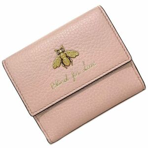 グッチ 三つ折り 財布 ピンク アニマリエ 523190 美品 レザー 中古 GUCCI コンパクト ビー ハチ メタルビー