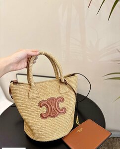 美品 CELINE セリーヌ　ラフィア レザー 本革　ショルダーバッグ　トートバッグ 2WAY レディース　バッグ　 ブラウン　腕かけ