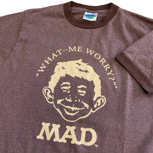 90s USA製 MAD MAGAZINE リンガー Tシャツ M ブラウン What-Me-Worry? Alfred E Newman マッドマガジン アルフレッド ヴィンテージ 