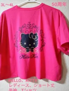 HELLO、KITTY、50周年、レディース、ショート丈、Tシャツ3L～4L