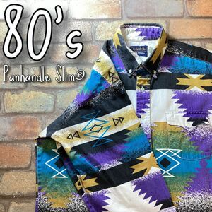 ★USA古着★80s vintage★正規品★【Panhandle Slim】ネイティブ柄 派手 ウエスタンシャツ【16 1/2-35】ターコイズ 紫 黒 黄土色 K3-446