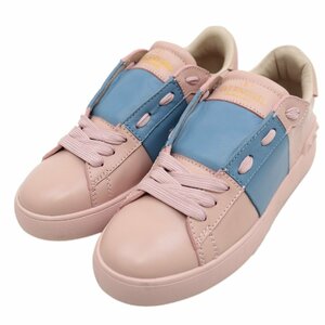 美品 ヴァレンチノ ローカット オープン スニーカー レディース ピンク 水色 37 スタッズ レザー Valentino