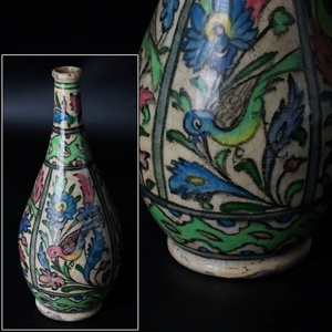 【宙】ペルシャ古陶磁 色絵 花鳥文花入 高30.3cm 花器 花瓶 花生 壺 イスラム陶器 イラン 古美術品 C10JI03.k.C