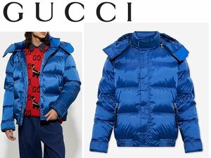 60万新品◆56=XXL◆グッチ GUCCI　インターロッキングGGロゴ刺繍 フード取り外し可 イタリア製ダウンジャケット 青 1円