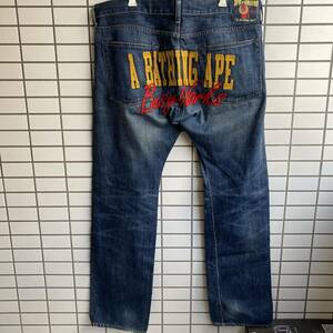 BAPE LOGO 刺繍 デニム パンツ Lサイズ a bathing ape Denim pants エイプ ベイプ アベイシングエイプ カモ ジーンズ ジーパン busy works