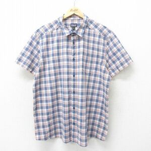 XL/古着 パタゴニア patagonia 半袖 シャツ メンズ 大きいサイズ オーガニックコットン 紺 ネイビー チェック 24aug24 中古 トップス