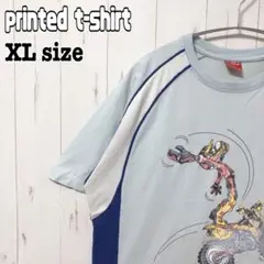 海外輸入 バイク 切り替え 水色 オーバーサイズ Tシャツ イラスト XL 古着