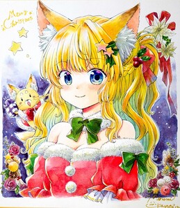 直筆イラスト色紙 クリスマスきつねちゃん　オリジナル　大色紙　