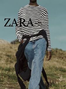 新品　ZARA ボーダー ロングtシャツ　ストライプ柄テクスチャースウェットシャツ　L 240108