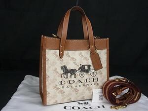 1円 ■新品同様■ COACH コーチ C8456 PVC×レザー 馬車柄 2WAY クロスボディ ショルダー ハンドバック アイボリー系×ブラウン系 BN1063