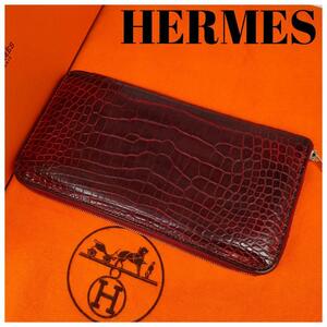 定価１２０万円超【極上品・美品・唯一無二】エルメス HERMES アザップロング アリゲーター 長財布 ボルドー 希少色 クロコ センター取り